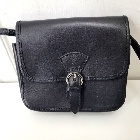 Italian Black Leather Crossbody Purse With Adjustable Strap & Silver Buckle Clos - Picture 2 of 5